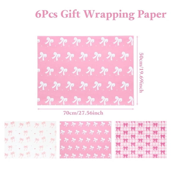 6Pcs Pink Bow 50x70cm Per Sheets Bow Theme Wrapping Paper Sheet Packaging For Kids Birthday Gift Wrap Craft Paper Decor Gifts
