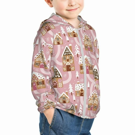 

Uemuo Gingerbread Houses Pink Wonderland Pattern Rash Guard for Boys Girls Long Sleeve Swim Shirts UPF 50+ UV Sun Protection Hooded Fishing Shirt with Pocket for Kid-18 Months