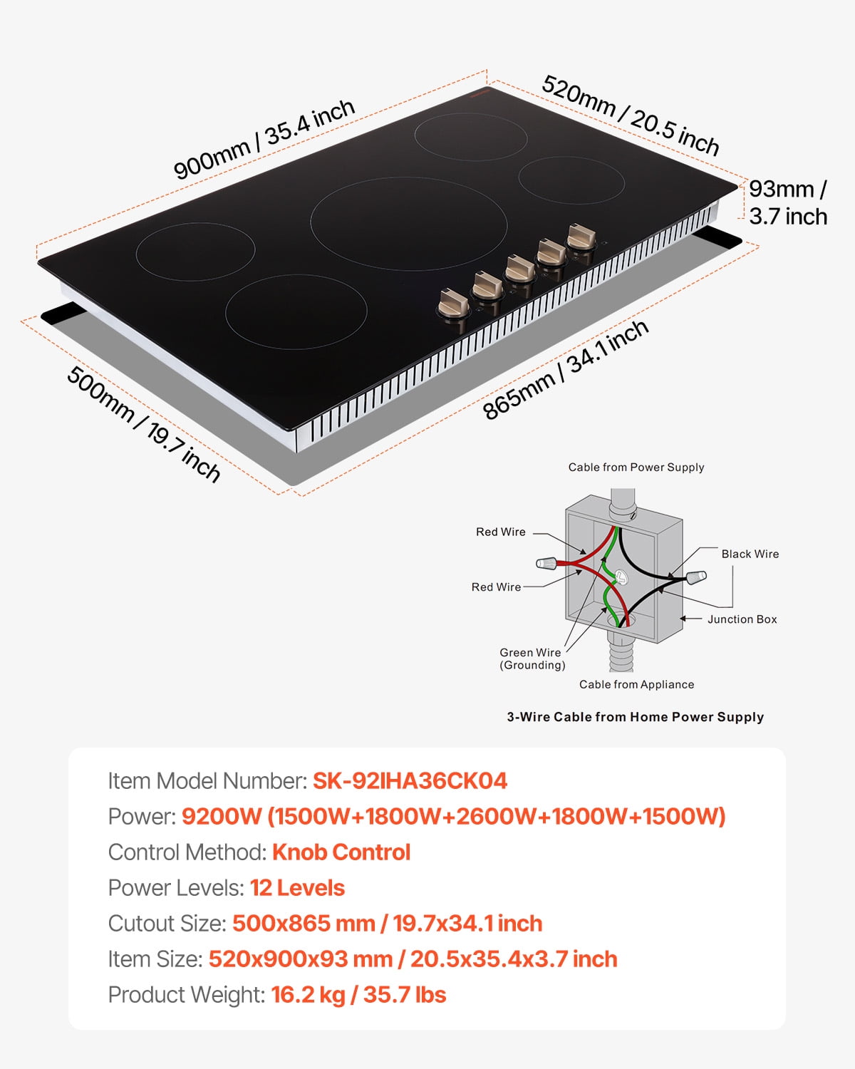 KFFKFF Induction Stove, 9200W Electric Kitchen Burner, 5 Control Knobs, Integrated Induction Stove with 12 Heat Levels, Glass Top, Automatic Power-Off