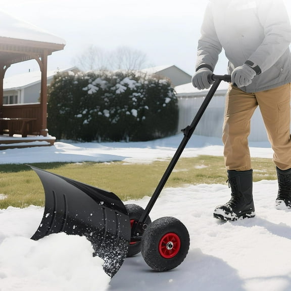 Senfot Snow Shovel with Wheels for Driveway, 29 in Wide Heavy Duty Push Snow Plow Shovel, Angled Blade, Adjustable Handle, Efficient Snow Removal for Pavement
