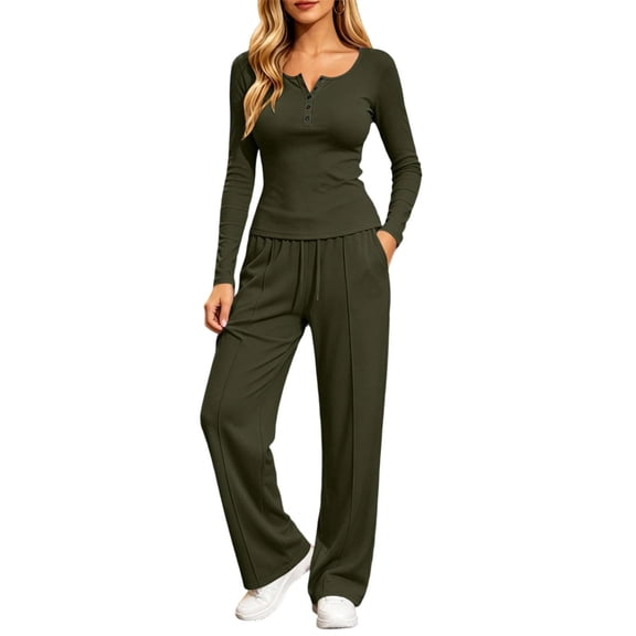 QIYAGBSA 2 Piece Sets for Women Long Sleeve Henley Neck Top and Straight Leg Pants with Drawstring Pockets Relaxed Fit Casual Lounge Wear (Army Green XL)