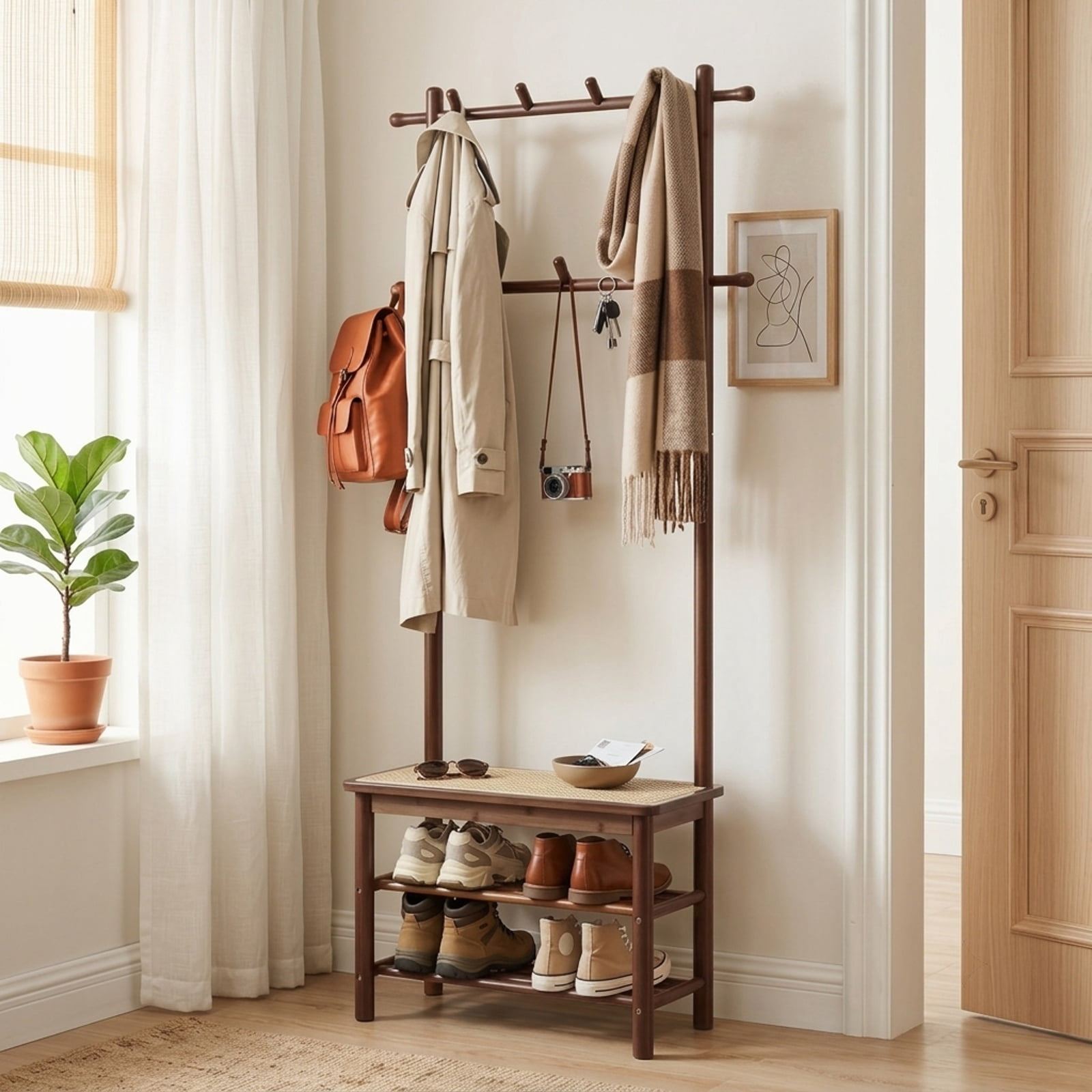 Furnibear 3 in 1 Bamboo Hall Tree Coat Rack with Bench and Shoe Storage and 11 Hooks for Entryway and Foyer and Hallway, Brown