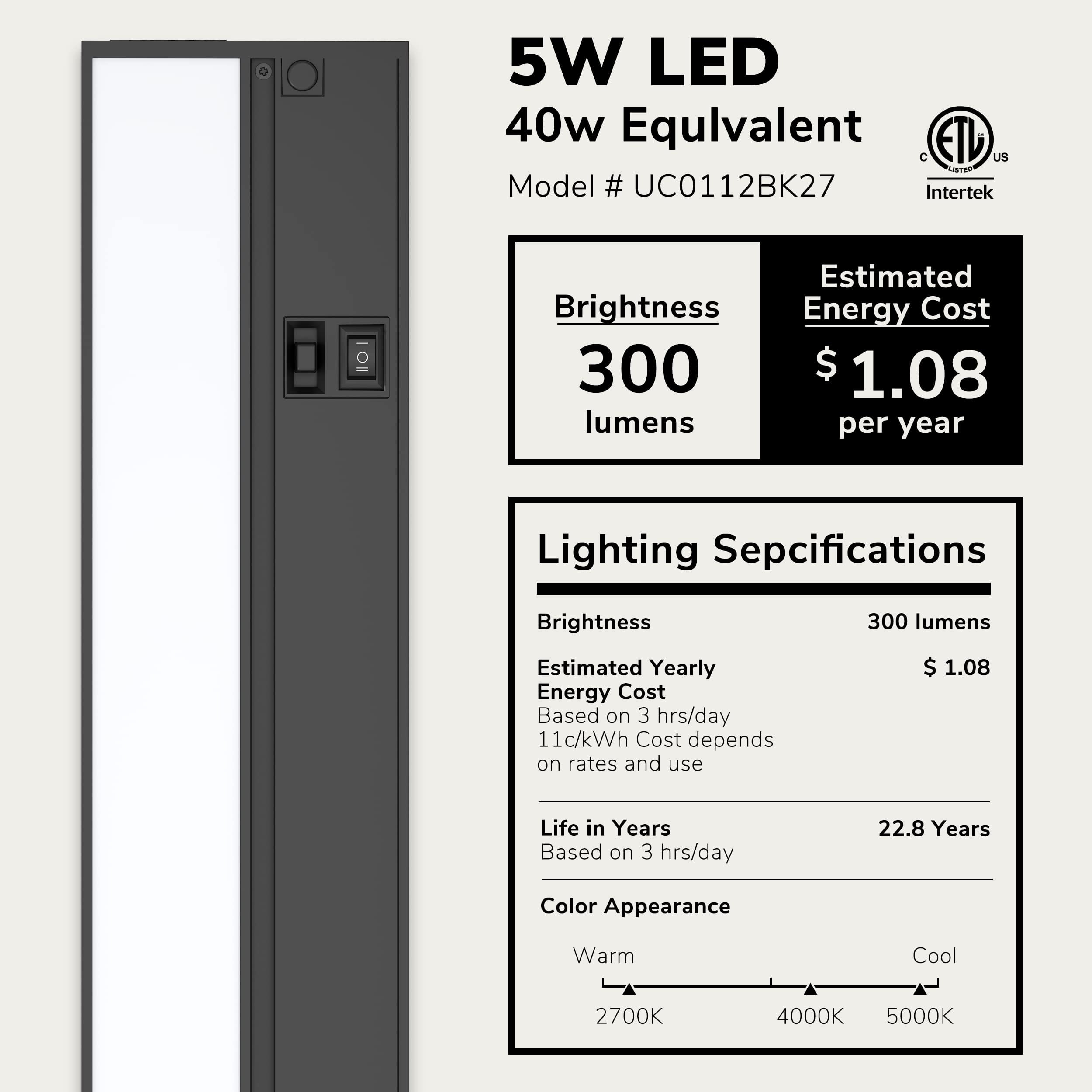 Inlight 12-inch LED Under Cabinet Lighting, Hardwired or Plugged-in, 2700K/4000K/5000K, Power Cord Sold Separately, Black, UC0112BK27