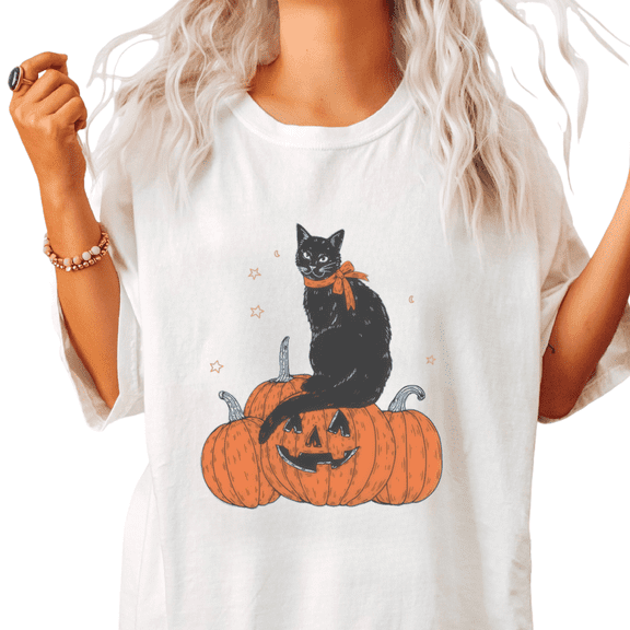 UNISHE Black Cat Pumpkin Halloween Graphic Tee Women's Short Sleeve Crew Neck Top