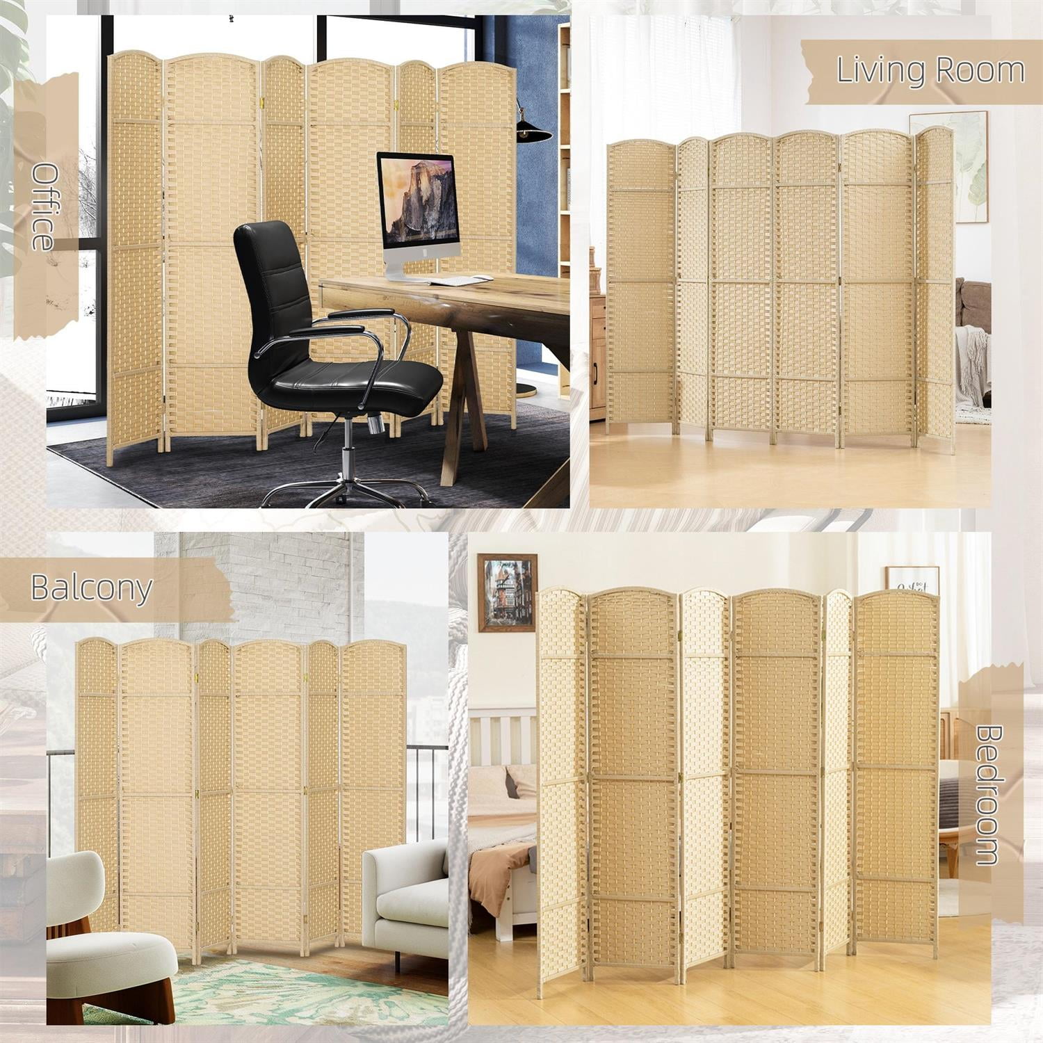 Demi Bonn 6-Panel Foldable Room Divider Screen with 5.6ft Tall Privacy Screen, Space Partition for Home Office, Freestanding Screen Wall, Beige