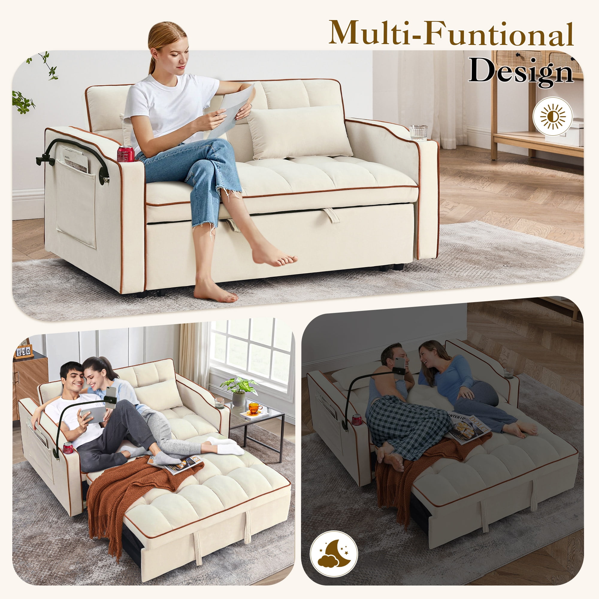 Dinosisco 3-in-1 Convertible Futon Sofa Bed, Loveseat Sleeper with Phone Stand, USB, Beige Velvet