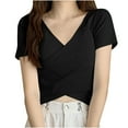thumbnail image 1 of Timegard Crop Tops for Women V Neck Short Sleeve Irregularly Solid Color Casual Fitting Tee Fashion, 1 of 3