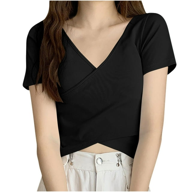 Timegard Crop Tops for Women V Neck Short Sleeve Irregularly Solid Color Casual Fitting Tee Fashion