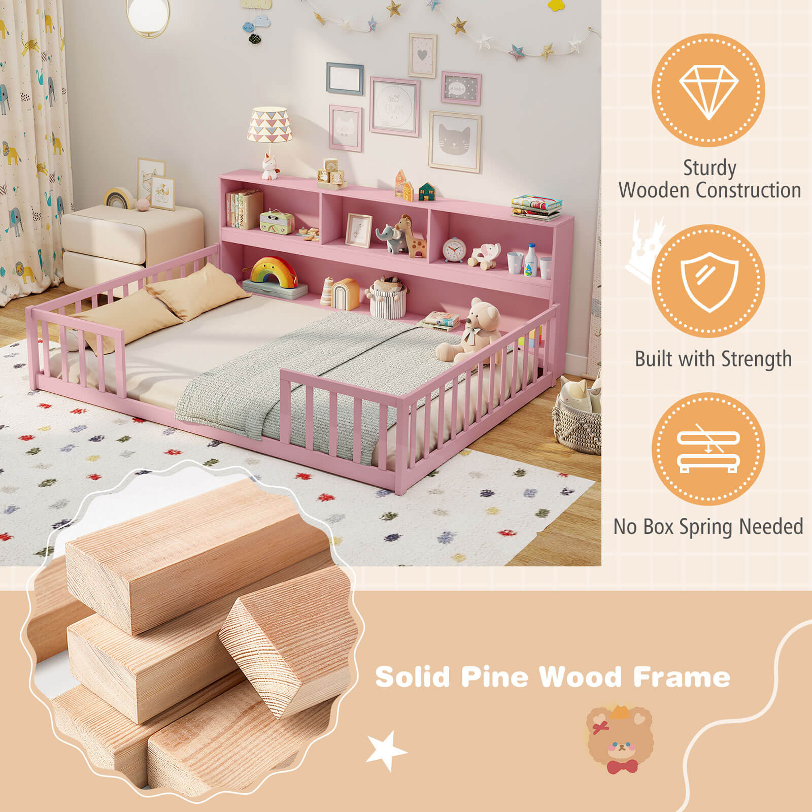 Costway Full Size Montessori Floor Bed with Bookcase Storage Shelves & Safety Fence Rails Pink
