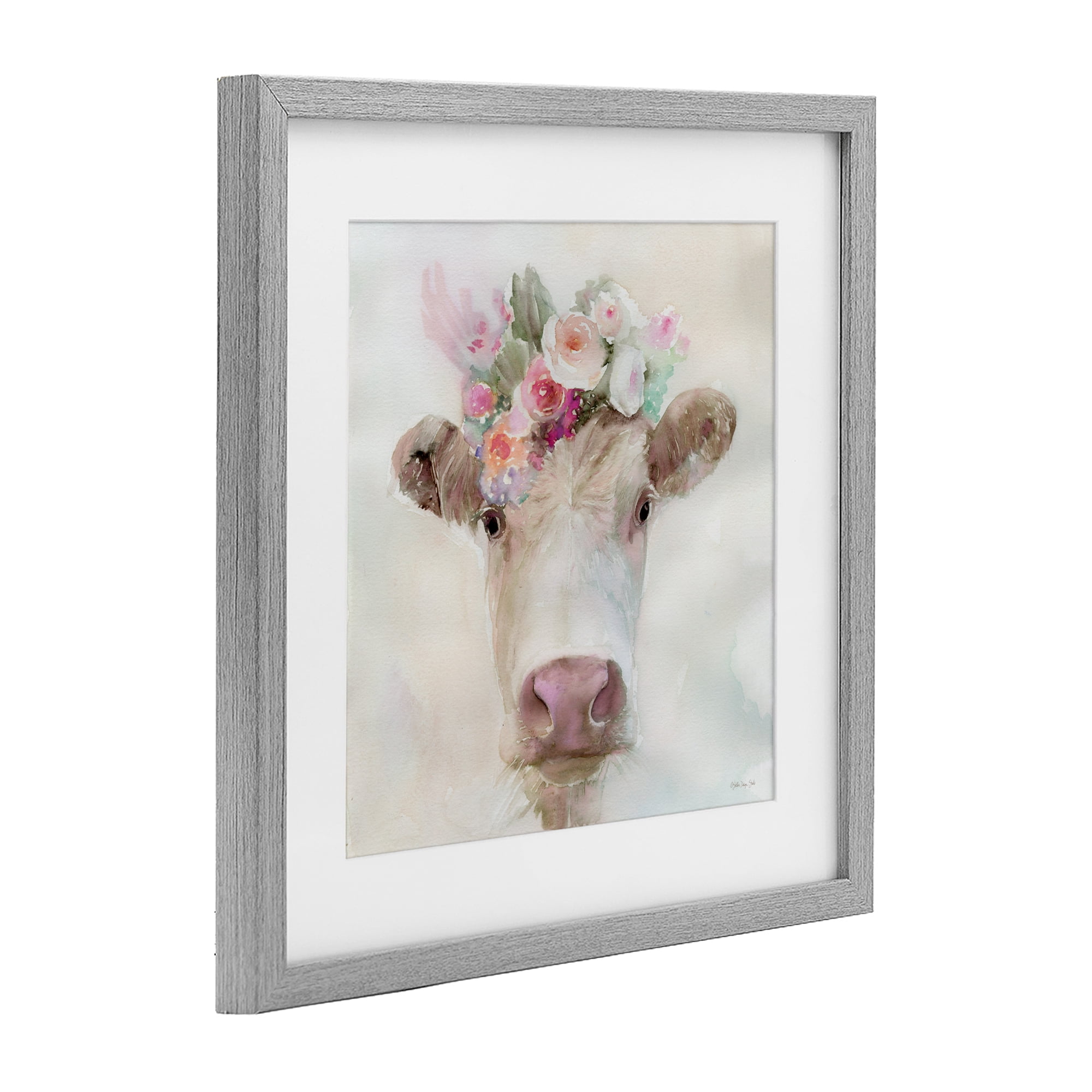 Stupell Industries Betsy Cow with Flowers Gray Framed Print Under Glass, design by Stellar Design Studio