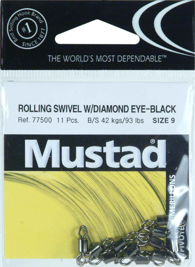 11 Pack Mustad Rolling Swivel with Diamond Eye Size 9 77lb Swivels 77500-09 