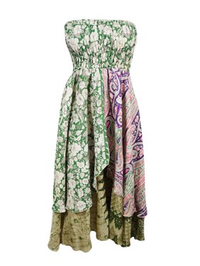 Mogul Womens Recycled Silk Sari Dress Vintage Two Layer Summer Fashion Gypsy Hippie Chic 2 In 1 Sundress Long Skirts