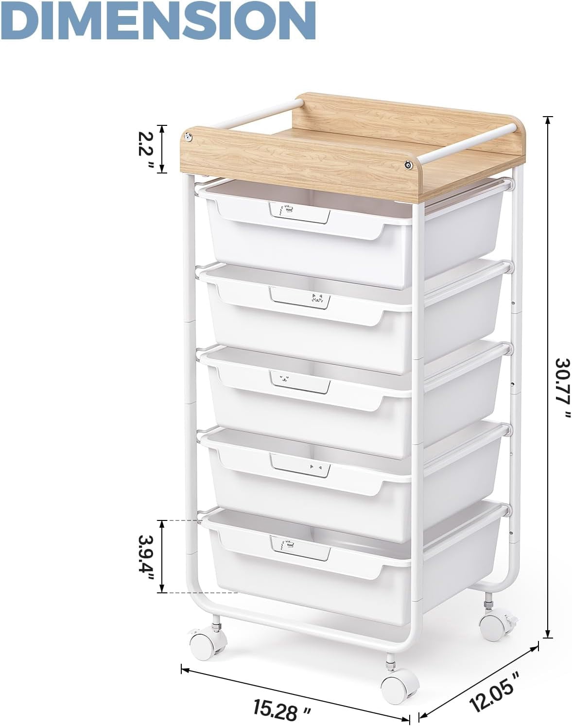 Plastic Drawer Organizer with Wooden Top, 5-Drawer Rolling Cart for Crafts and Office Storage
