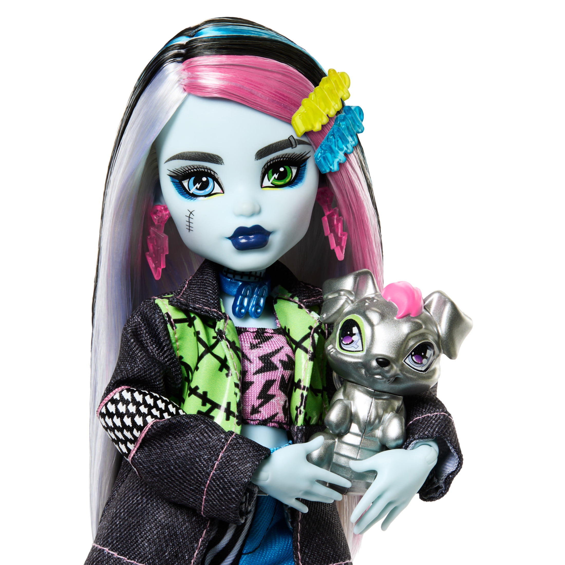 Monster High Frankie Stein Fashion Doll in Denim Jacket with Pet Watzie, Backpack & Accessories
