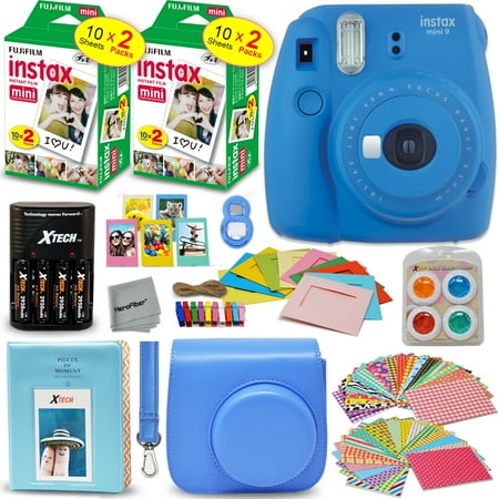 Large Square Album - Fujifilm Instax Mini 9 Instant Camera (Cobalt Blue) + INSTAX Film (40 pack) + Custom Fitted Case + 4 AA Rechargeable Batteries & Charger + Assorted Frames + Photo Album + Large Selfie Mirror + MORE
