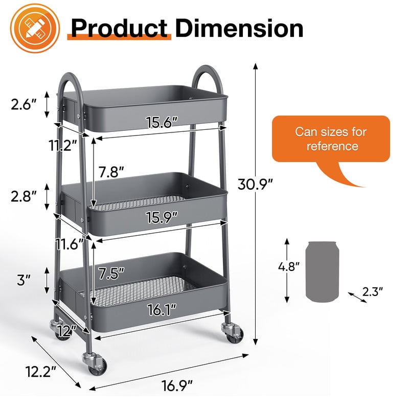 Gianna 3 Tier Utility Rolling Cart, Metal Mobile Storage Shelf with Lockable Caster Wheels, Organization for Livingroom, Bathroom & Narrow Places, Gray