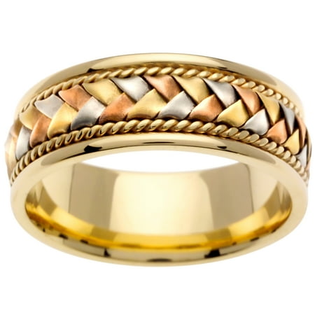- 18K Tri Color Gold Basket Braid Handmade Comfort Fit Men's Wedding Band (8.5mm)