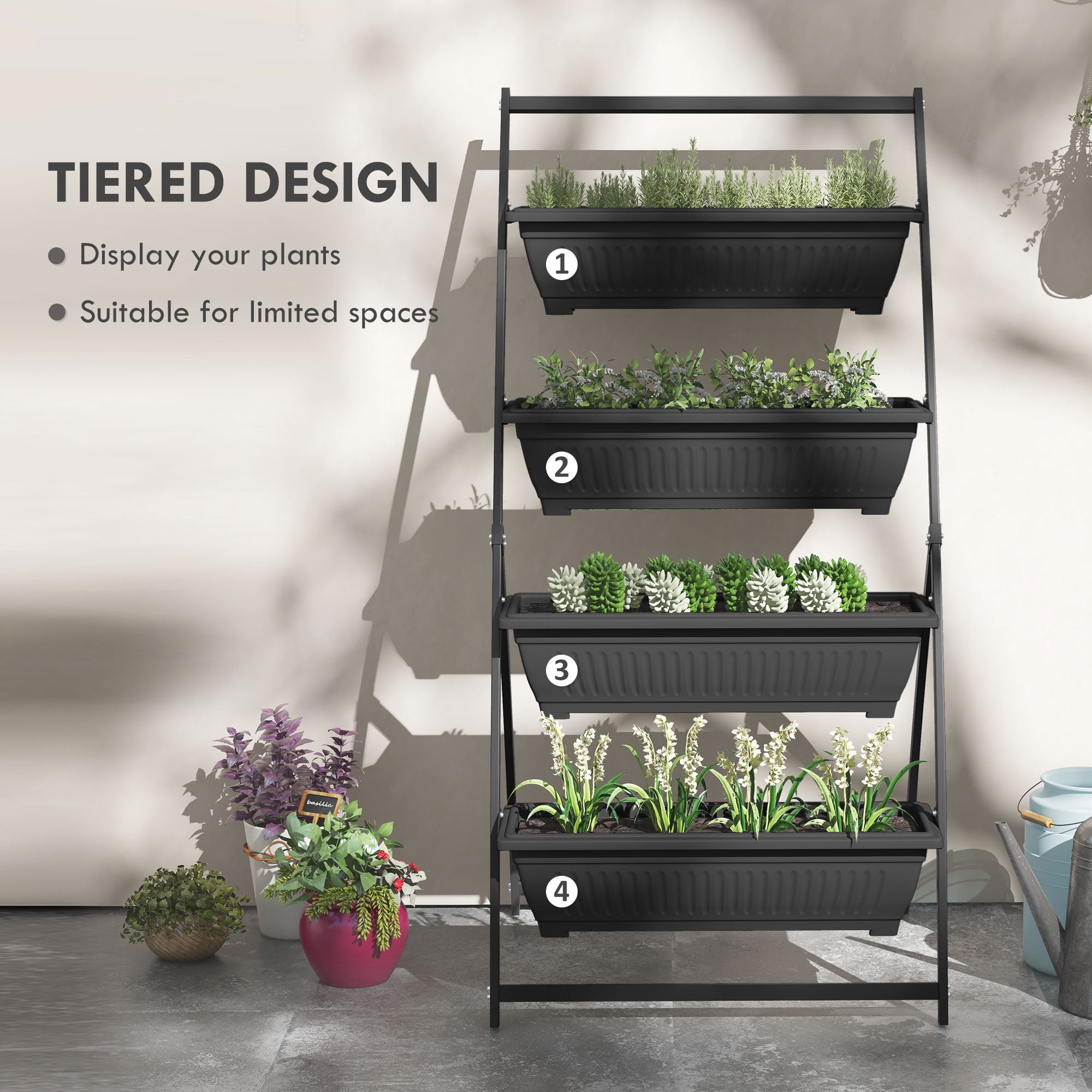 Raised Garden Bed, 4 Tier Vertical Garden Planter Set, 4 Outdoor Planter Boxes with Stand, Self Draining Design Elevated Garden for Vegetable, Flowers & Herbs, Black