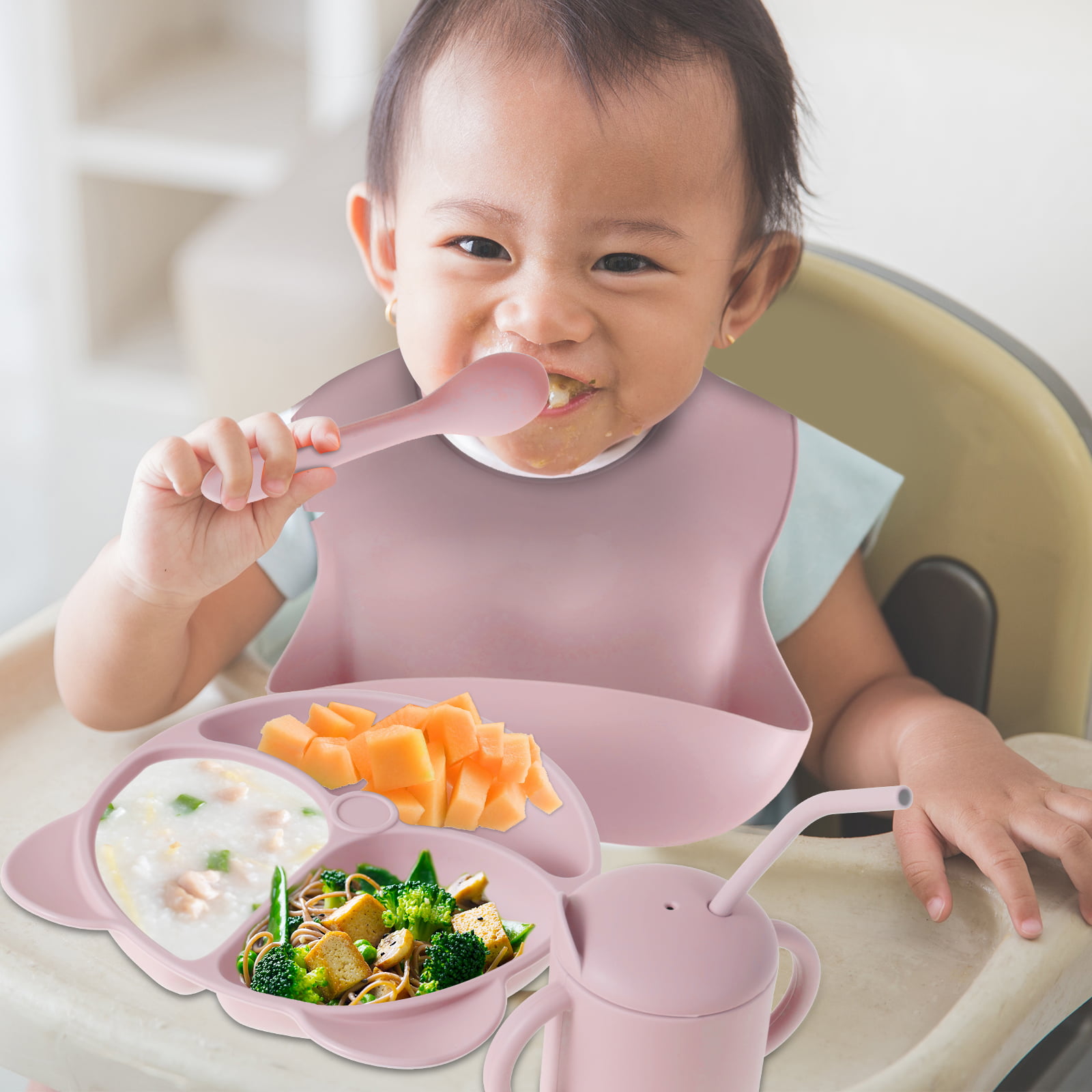 Protoiya 8Pcs Baby Feeding Set,Silicone Tableware Set Reusable Baby Led Weaning Supplies Washable Suction Baby Bowl and Plates for Toddlers Home(Pink)