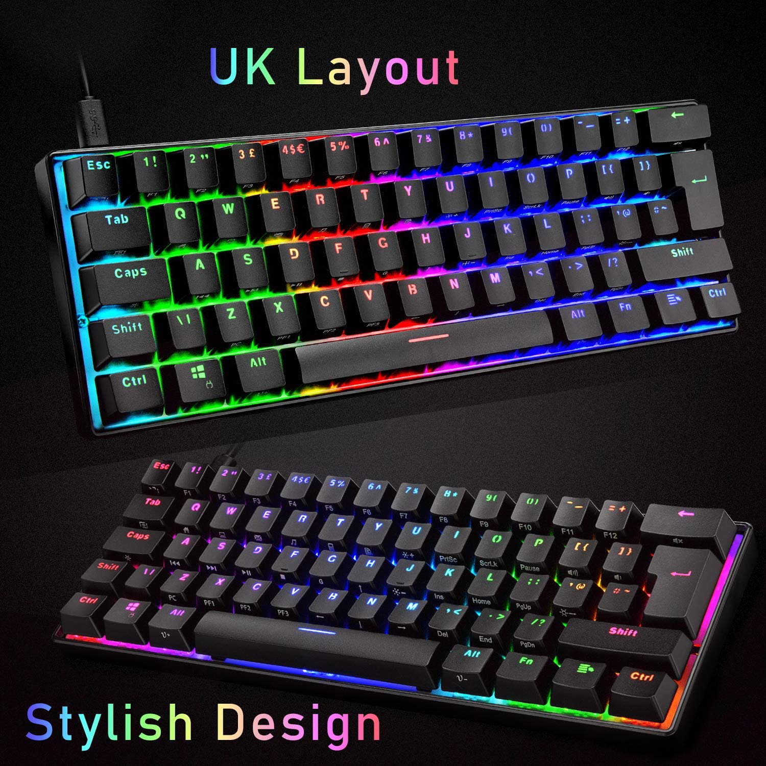 MAGIC-REFINER UK Layout 60% True Mechanical Gaming Keyboard Type C Wired 62 Keys RGB LED Backlit USB Waterproof Keyboard Full Anti-ghosting Keys for Computer/PC/Laptop/MAC (Black/Blue Switch)