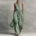thumbnail image 2 of JULMCOMO Cotton Linen Jumpsuits for Women Halter Deep V Neck Casual Rompers Tie Waist Wide Leg Loose Fit Summer Overalls with Pockets Cyan M, 2 of 4