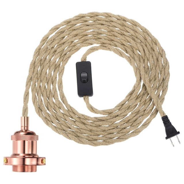 Unique Bargains 15.4Ft Pendant Light Cord Kit, Plug in E26 Socket Hanging Light with Switch Industrial Vintage Twisted Rope, Rose Gold