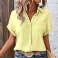 thumbnail image 4 of CAIXIA Women's Casual V-Neck Short Sleeve Button Down Shirt Loose Fit Summer Top with Pocket for Everyday Wear Womens Blouse,Yellow, 4 of 9