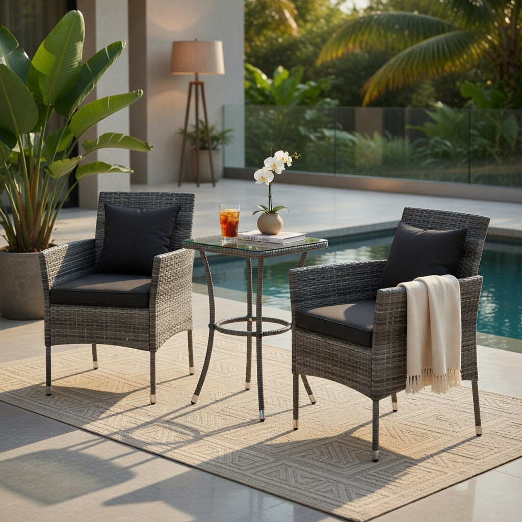 Hommoo 3-Piece Outdoor Patio Furniture Set, PE Rattan Chairs with Cushions & Tempered Glass Coffee Table for Porch, Garden, Backyard, Gray
