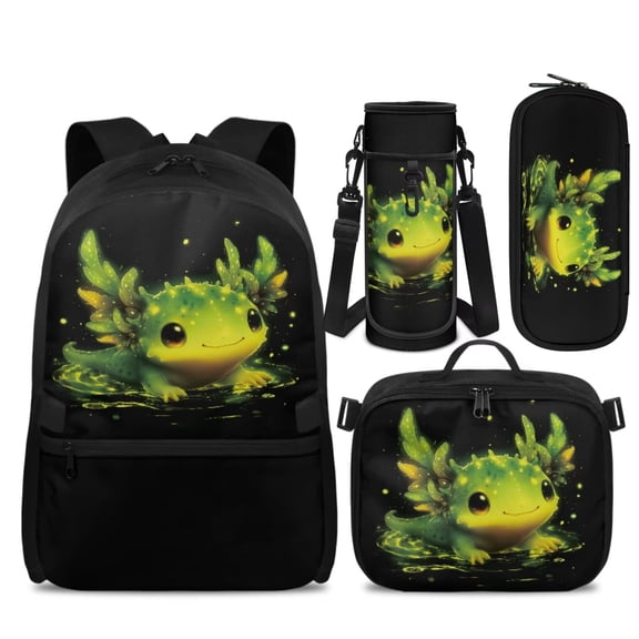 KUIFORTI Green Axolotl Backpack with Lunch Box, 4Pcs Kids School Bag Set for Boys Girls Elementary School, Cool Bookbag with Pencil Case Water Bottle Sleeve Back to School Essentials Gifts
