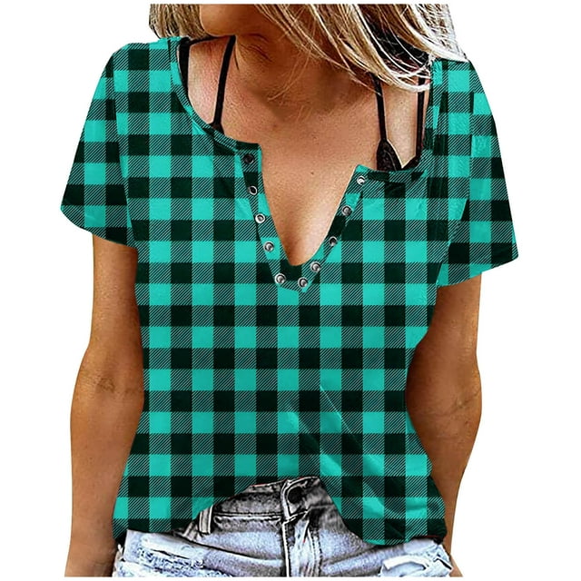 Liquidation d'Économies! Hauts pour Femmes Grande Taille, Blouse d'Été à Manches Courtes pour Femmes, T-shirt Blouse à Col Rond à Boutons Imprimé à Manches Courtes pour Femmes