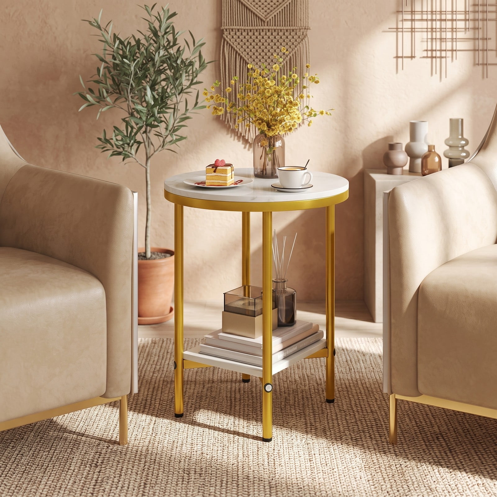 Furnibear 2-Tier Round Coffee Table with Storage Shelf, Faux Marble Top End Side Accent Table with Golden Metal Frame for Living Room Bedroom Small Space, White & Gold
