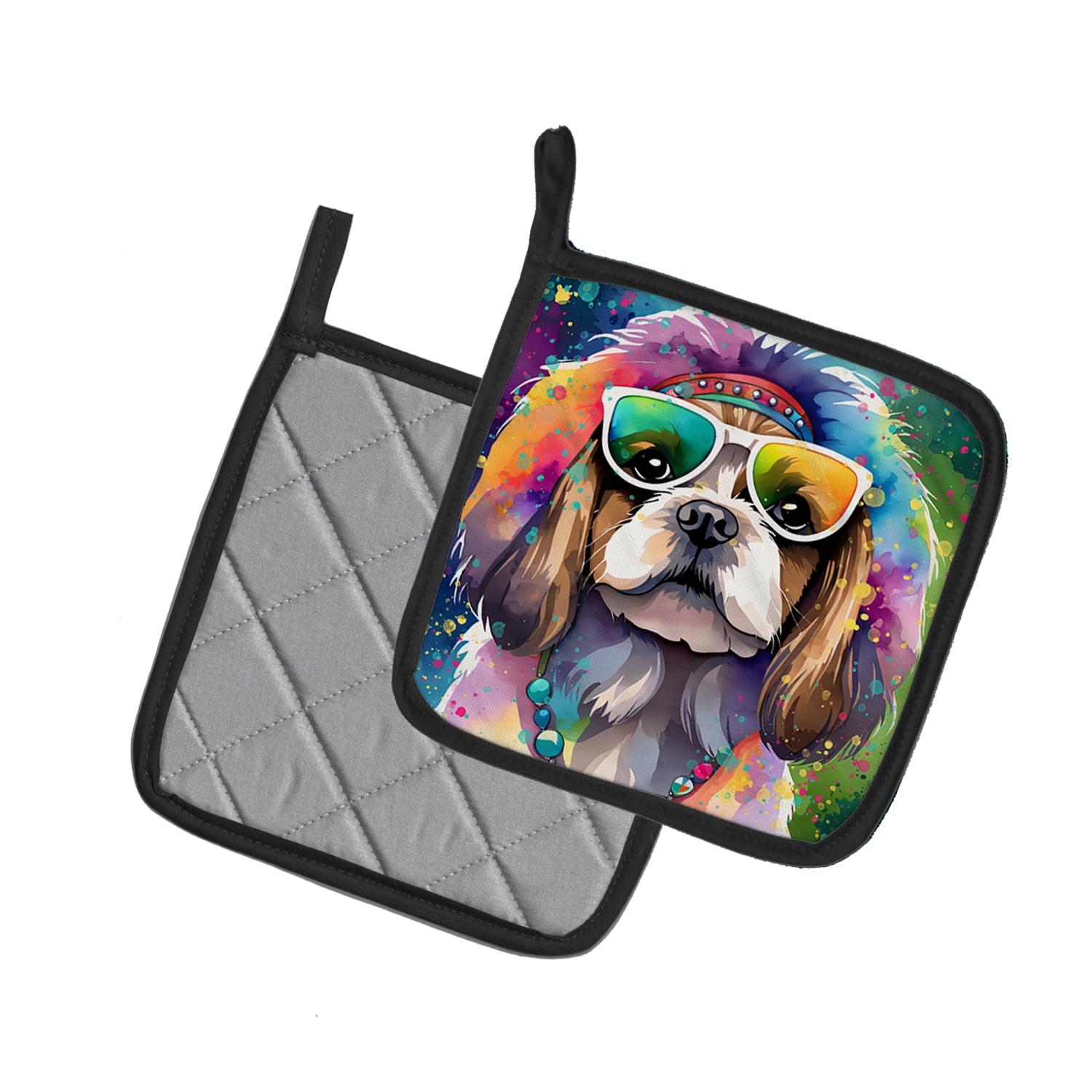 Shih Tzu Hippie Dawg Pair of Pot Holders 7.5 in x 7.5 in