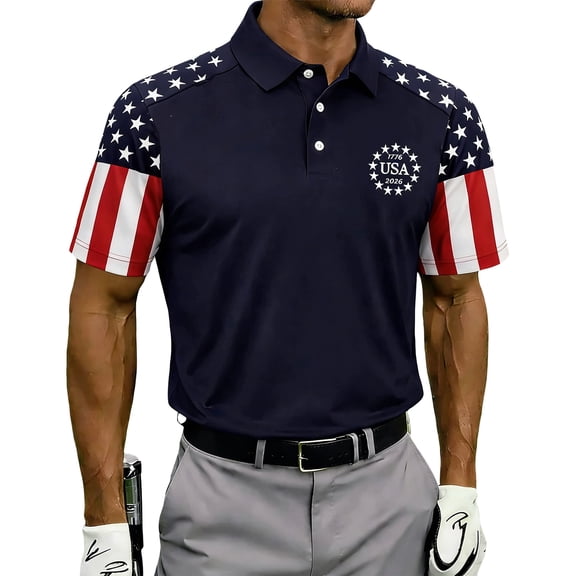 Evdexr Men's Independence Day Polo Shirts Patriotic Short Sleeve Shirts 4th Of July Button Down Stars and Stripes Golf Tees 1776 2026 Loose Fit T Shirts Navy XL