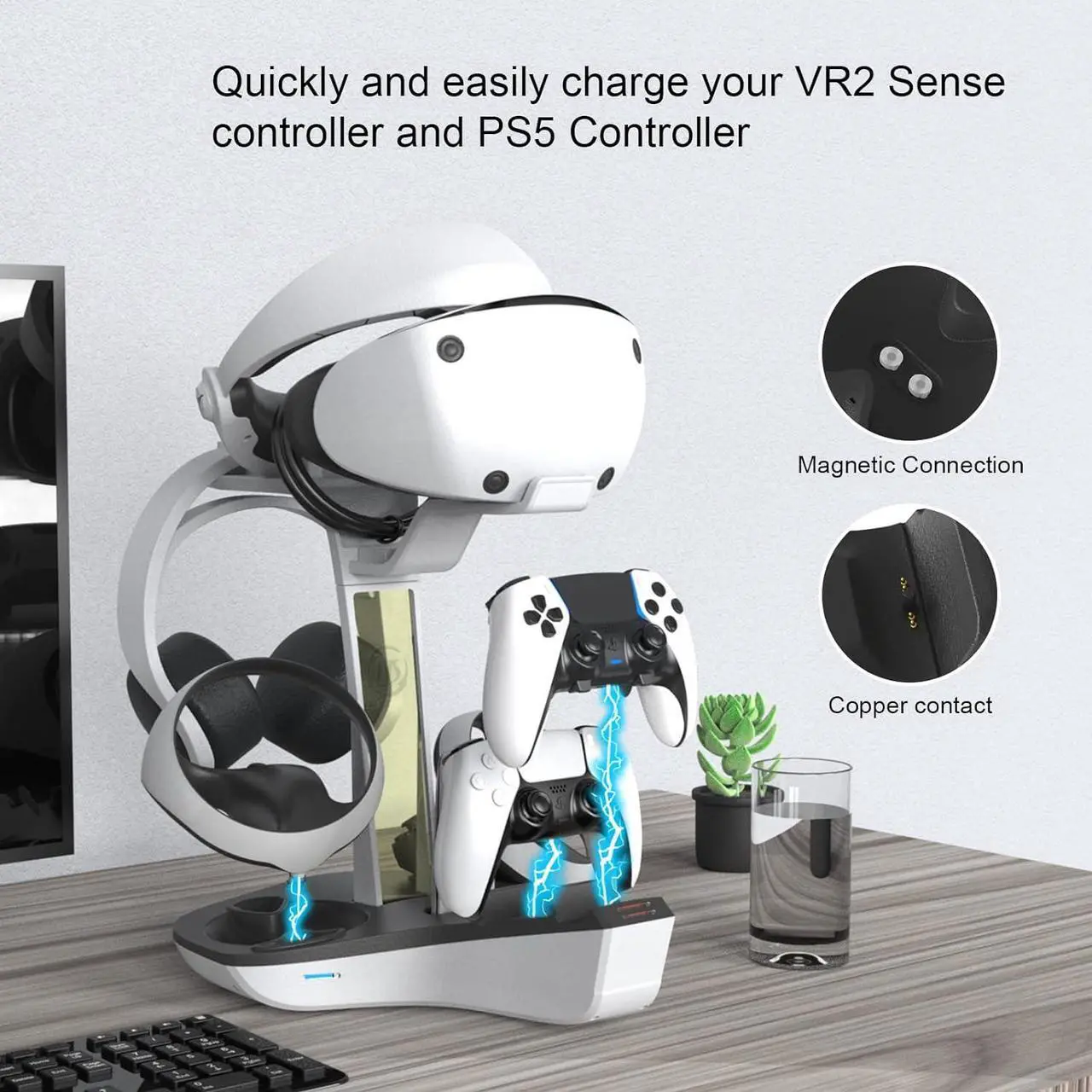 4-in-1 Controller Charging Station for PSVR2 and PS5, Dual Charging Dock with VR Headset Display Holder and Headphone Rack, LED Indicator, Charging Cable, RGB Lights, 3 Magnetic Connector
