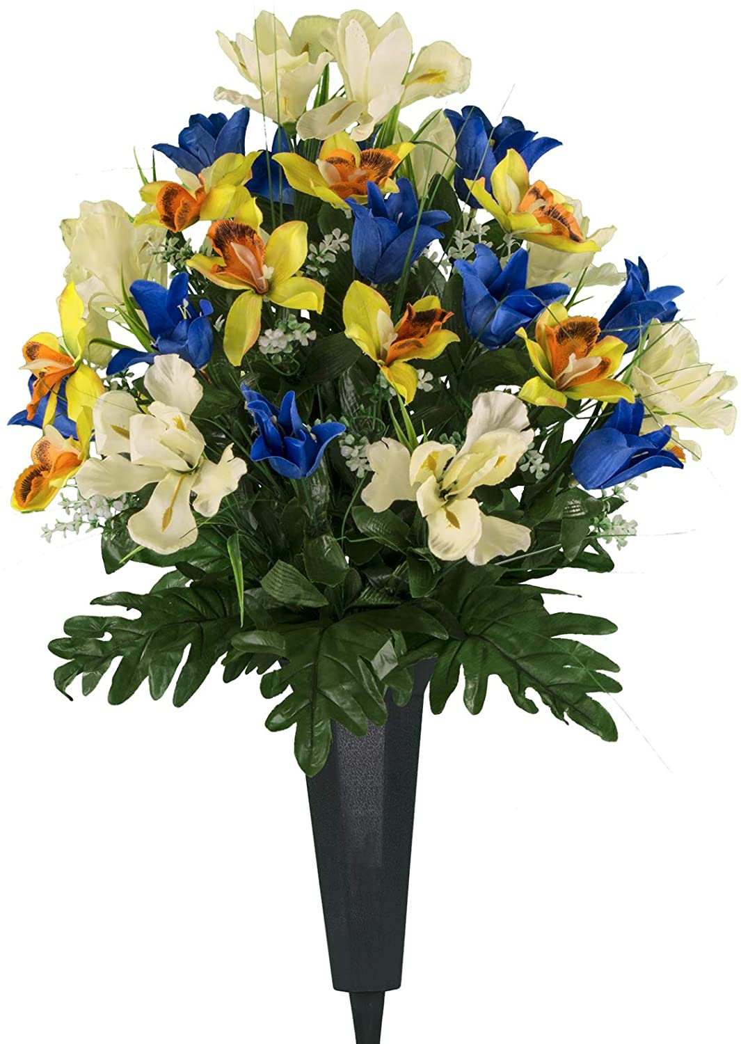 Sympathy Silks Artificial Cemetery Flowers Blue Tulip Yellow Orchid