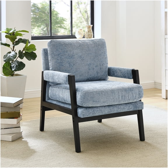 Mid-Century Modern Blue Accent Armchair with Chenille Upholstery and Solid Wood Frame