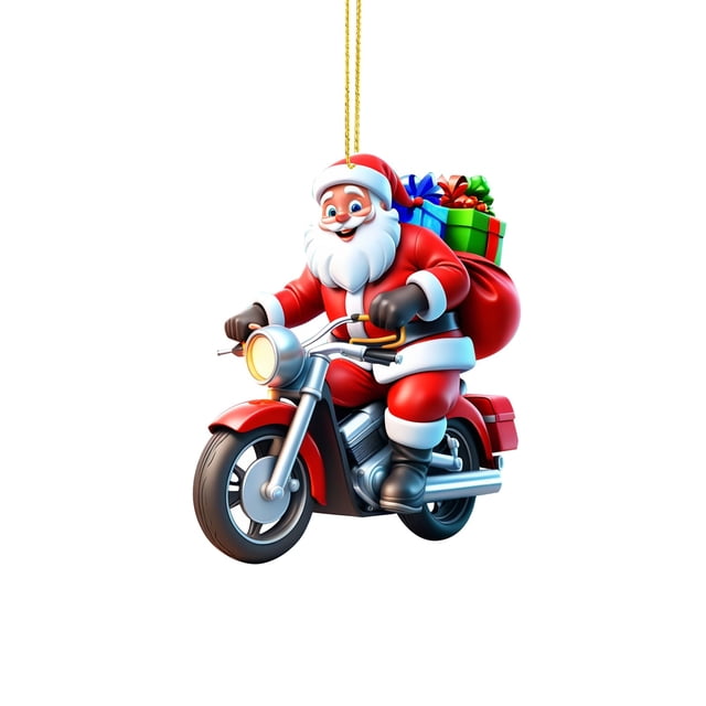 Binwennn 2D Christmas Santa Riding Motorcycle Pendant Decoration Christmas Tree Double Printed Acrylic Santa Riding Motorcycle Pendant Decoration Interesting Decoration For Christmas Garland Snowy
