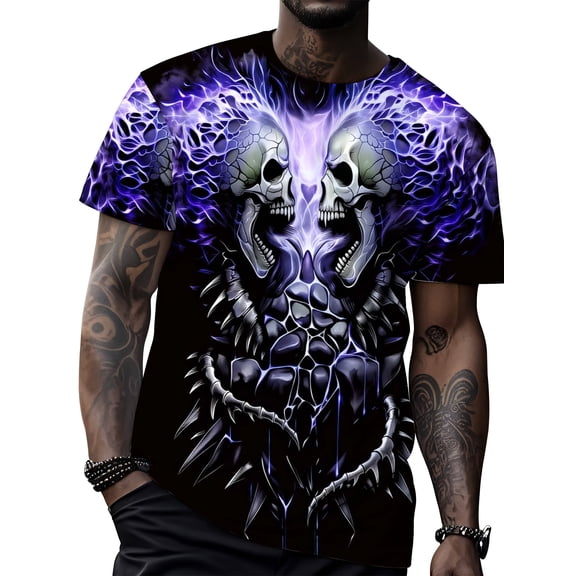Men's printed skull dragon pattern T-shirt, purple flame design short-sleeved top, fashionable