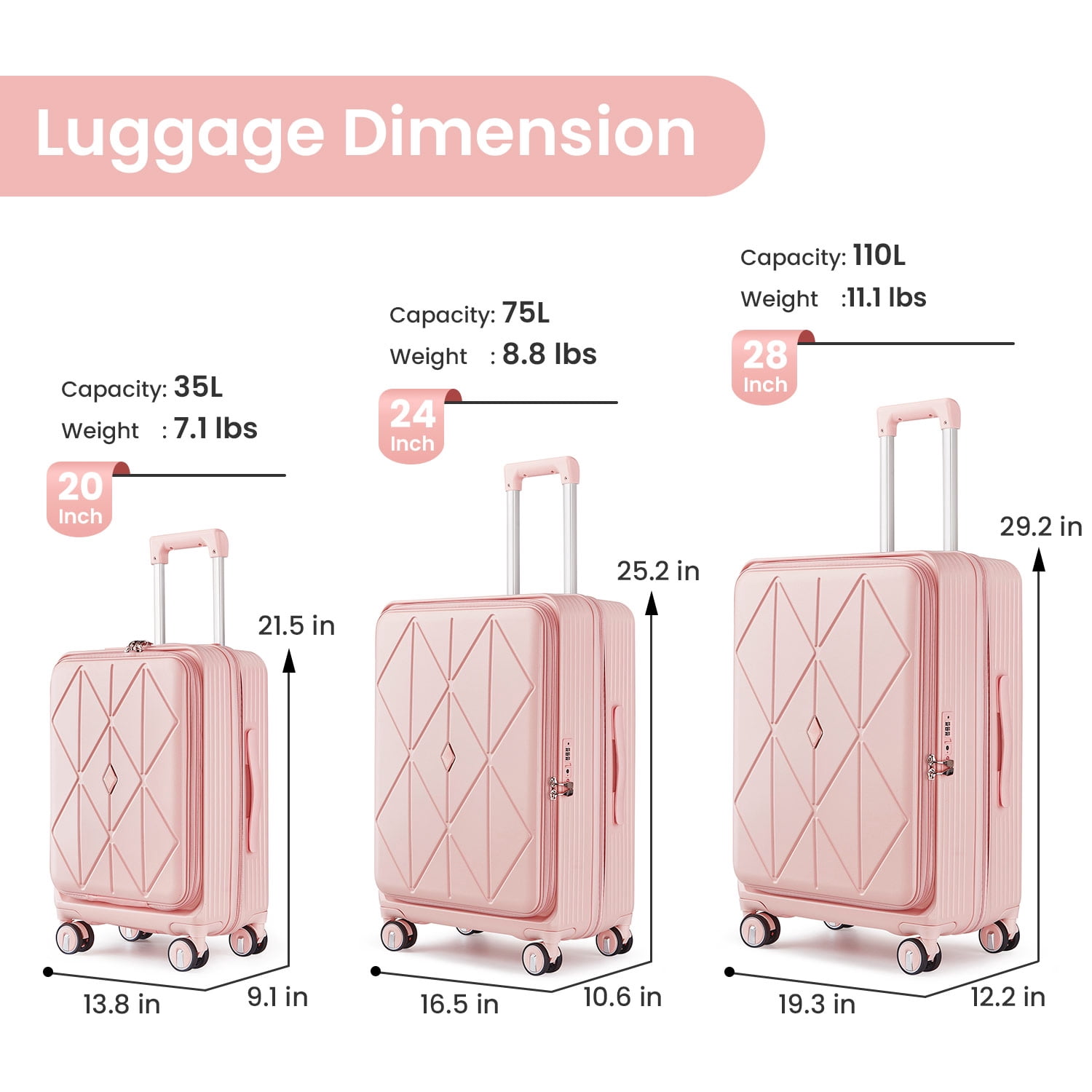POWANLI 3 Piece Luggage Sets (20''24''28''), PC Hard Shell Expandable Lightweight Carry On Luggage, with Front Pocket and Spinner Wheels, TSA Lock, Airline Approved(Pink)