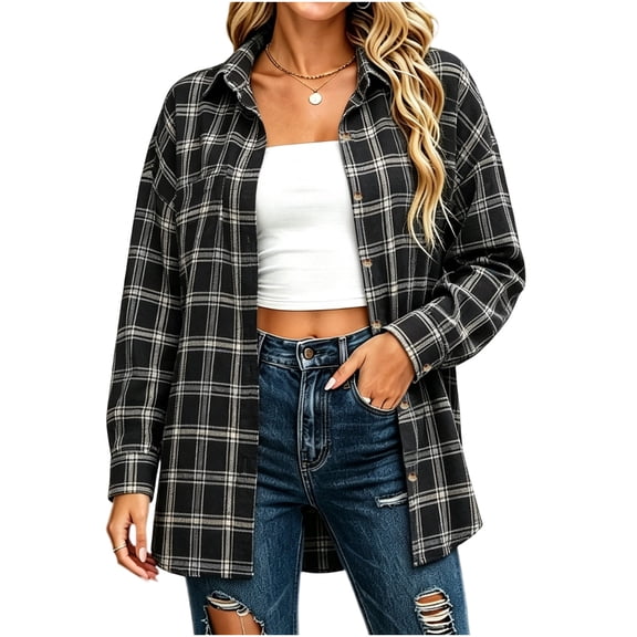 Vivianyo HD Women's Plaid Flannel Shirt, Oversized Collar Long Sleeve Button Front Shacket Top, Fall Winter Coat for Women Outdoor Layer Wear, Sizes S-3XL