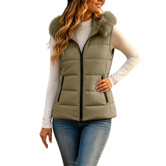 KICILVS Puffer Vest Women Faux Fur Hooded Zip Up Sleeveless Winter Coat with Pockets for Outdoor Wear Green