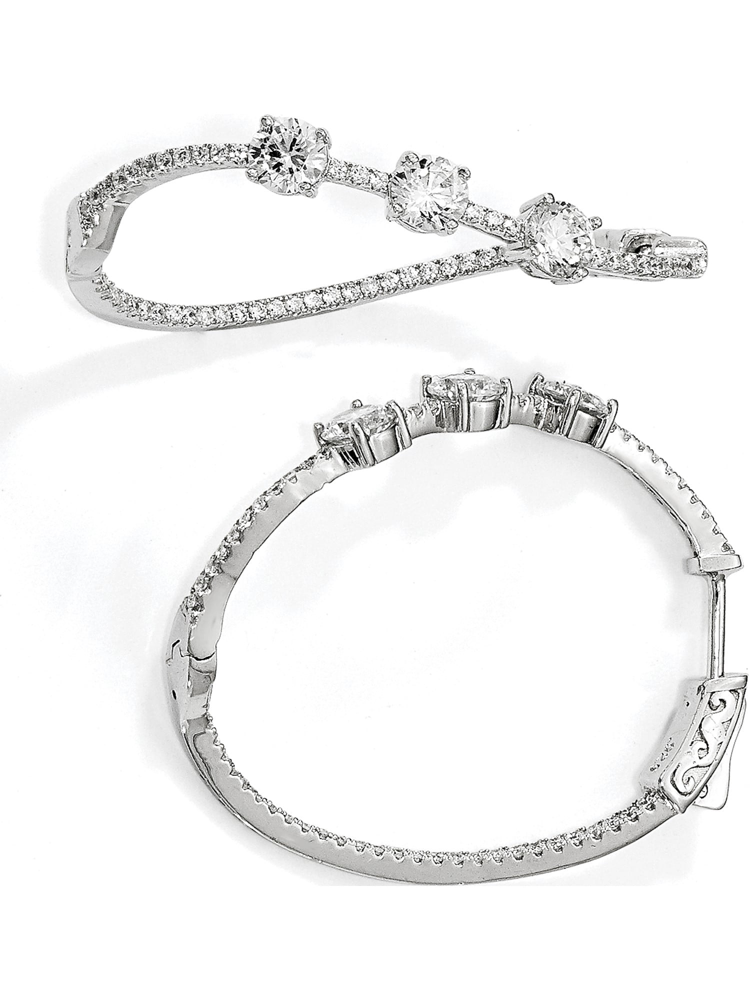 Sterling Shimmer - Leslies Fine Designer Sterling Silver Sterling Silver Polished Curvy Round CZ In and Out Oval Hoop Earrings (Length=36.39) (Width=30.87)
