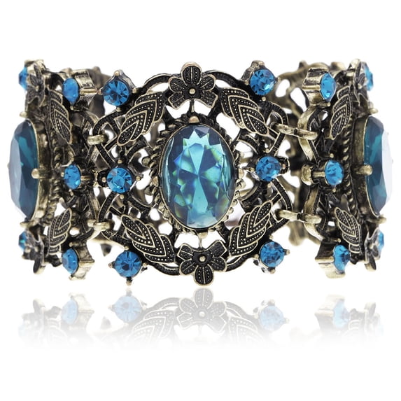 Alilang Antique Bronze Tone Shiny Blue Rhinestones Flowers Leaf Bangle Bracelet