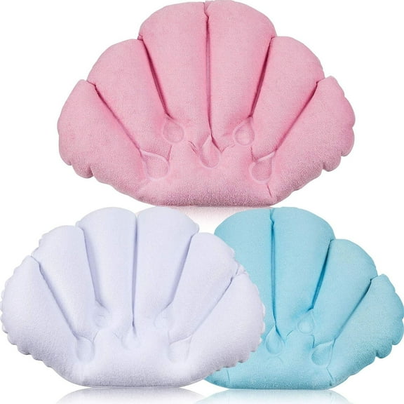 3 Pieces Inflatable Bath Pillow with Suction Cups, Terry Cloth Covered Shell Shape Bathtub Spa Pillow Comfortable Soft Cushion, Neck Support(Pink, Blue, White)