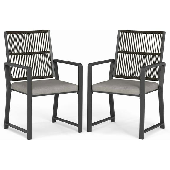 Aluminum Dining Chairs Set of 2, Wicker Rattan Outdoor Chairs, Outdoor Patio Furniture, Detachable Seat Cushion, Soft and Easy Clean. For Garden, Porch, Backyard Dining Chairs, Black