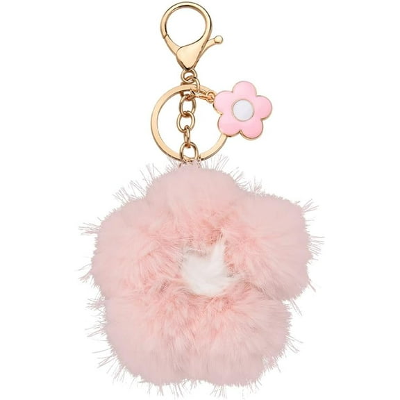 Cute Flower Plush Keychains for Backpacks Handbags Pom Pom Cherry Blossom Keychain Charm for Women Fluffy Fuzzy Key Chains