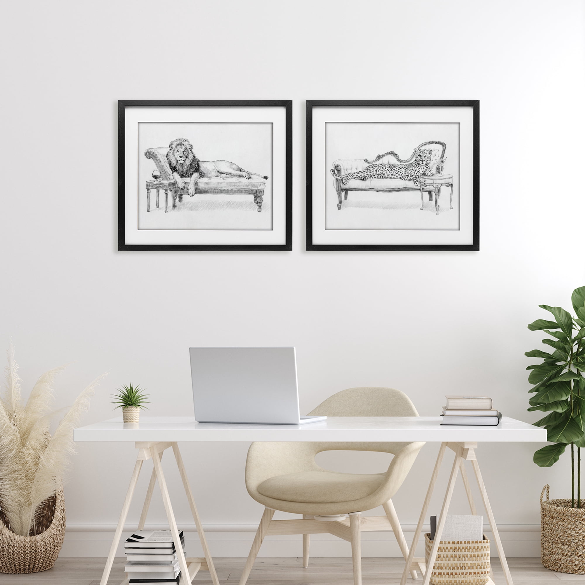 Stupell Industries Lounging Beasts Wildlife 2 Piece Black Framed Print Under Glass Set, design by Victoria Barnes