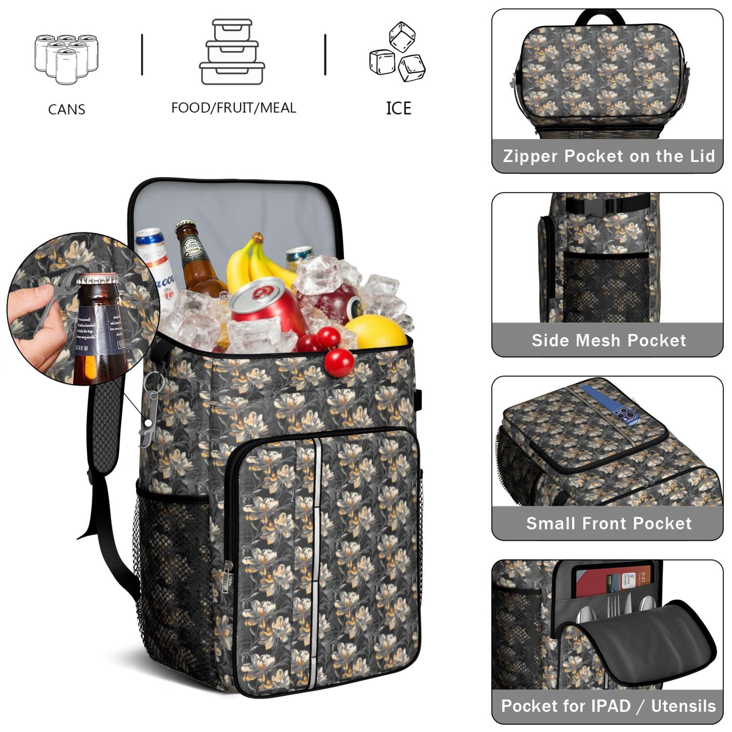 Travel Cooler Bag - Pioneer Flower Camping Beer Cooler Backpack with Bottle Opener- Waterproof Insulated Picnic Backpacks - Cooler Bag for Beach