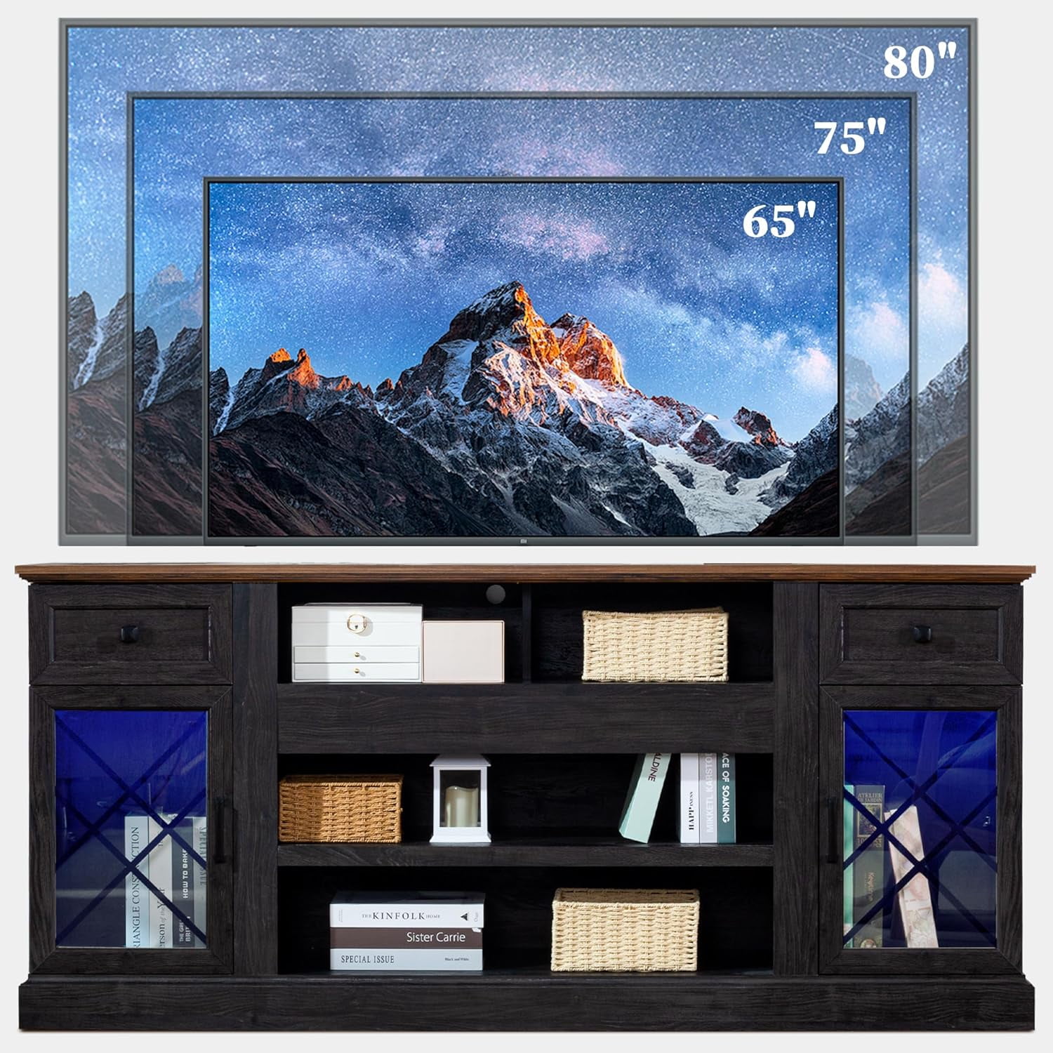 FIAKOA 70 inch Farmhouse TV Stand for 80 inch TV, Modern Entertainment Center with LED Lights, Wooden TV Stand Table with Glass Doors for Living Room (Dark Grey)