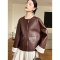 thumbnail image 2 of Chaqueta de piel auténtica para mujer, corta, a la moda, con cuello redondo, botonadura sencilla, estilo vintage, holgada, informal, de piel de oveja auténtica, chaqueta para mujer, 2 of 5